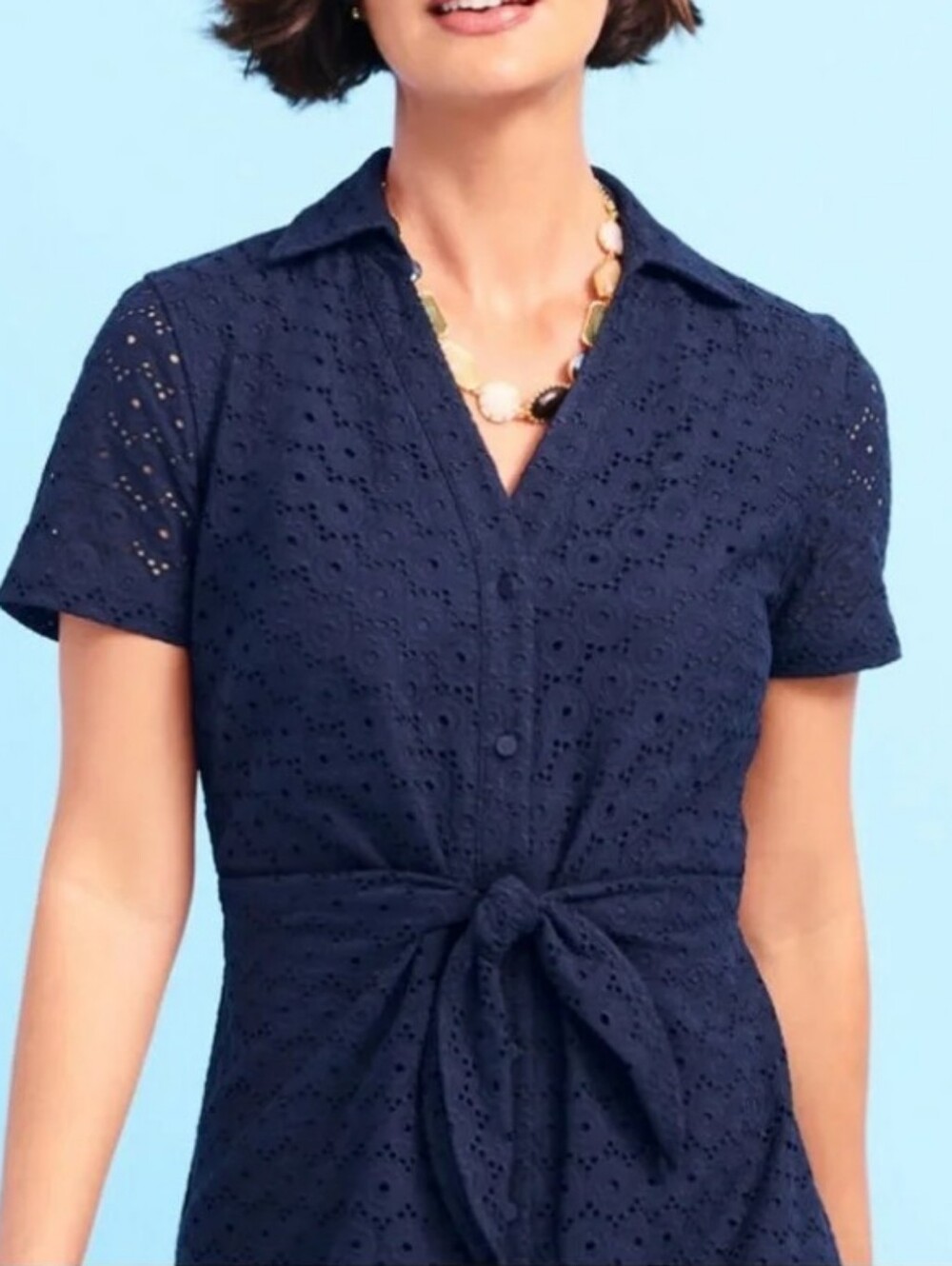 Talbots Eyelet Tie-Front Shirtdress Size 10 Navy EUC - Picture 8 of 9